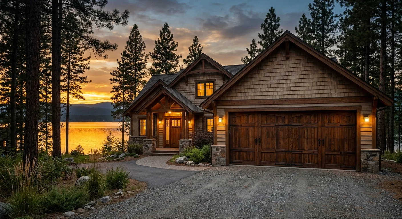 Exterior dusk view of a Pelican Lake home with a closed stained-wood garage door, golden-hour light reflecting off the lak...