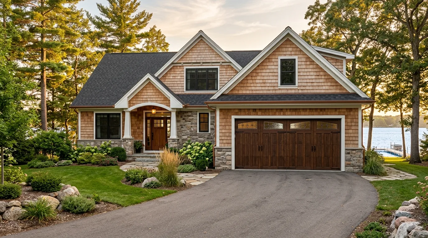 Exterior curb-appeal view of a Breezy Point lake home with a new stained-wood carriage garage door from the driveway entra...