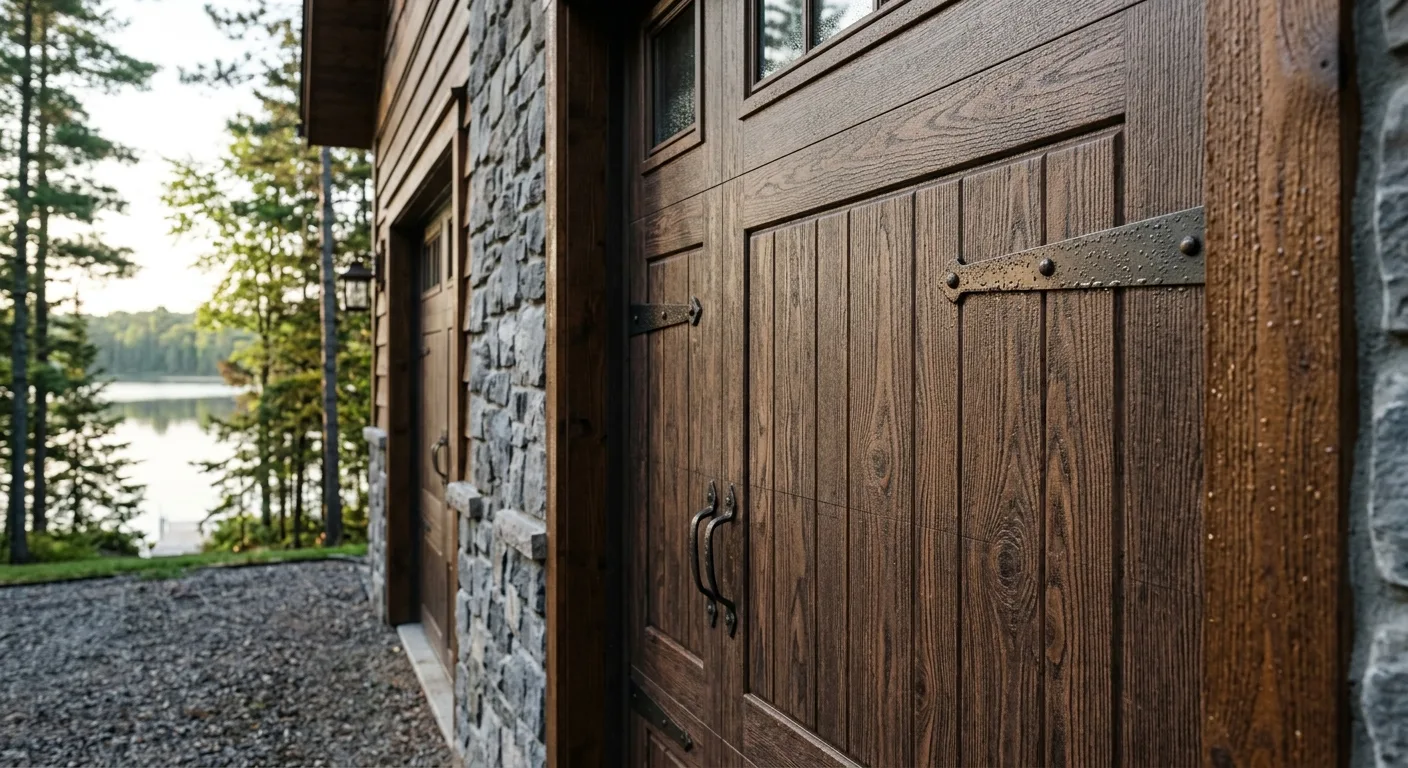 Close-up exterior detail of a stained wood-look garage door with visible grain texture on a Pelican Lake home, soft mornin...