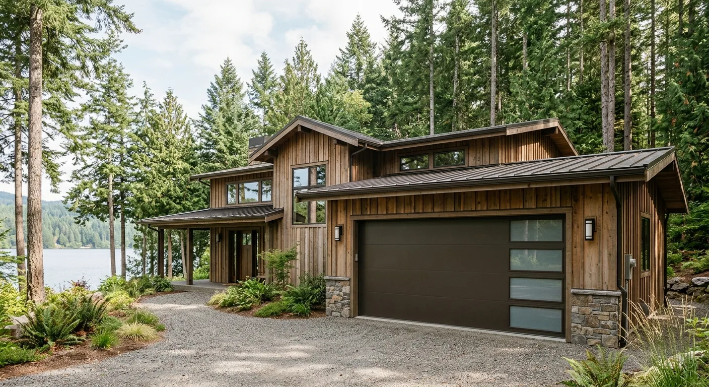 Exterior daylight view of a lake home with an aluminum-clad insulated garage door in dark bronze finish, pine forest backd...