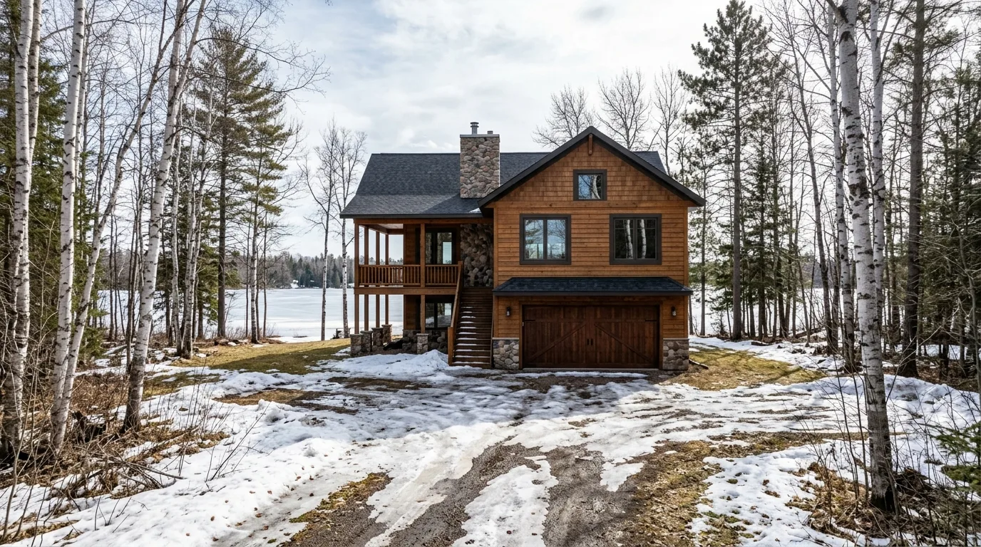 Wide exterior view of a Breezy Point lake cabin in early spring, closed garage door on the lower level, melting snow, bare...