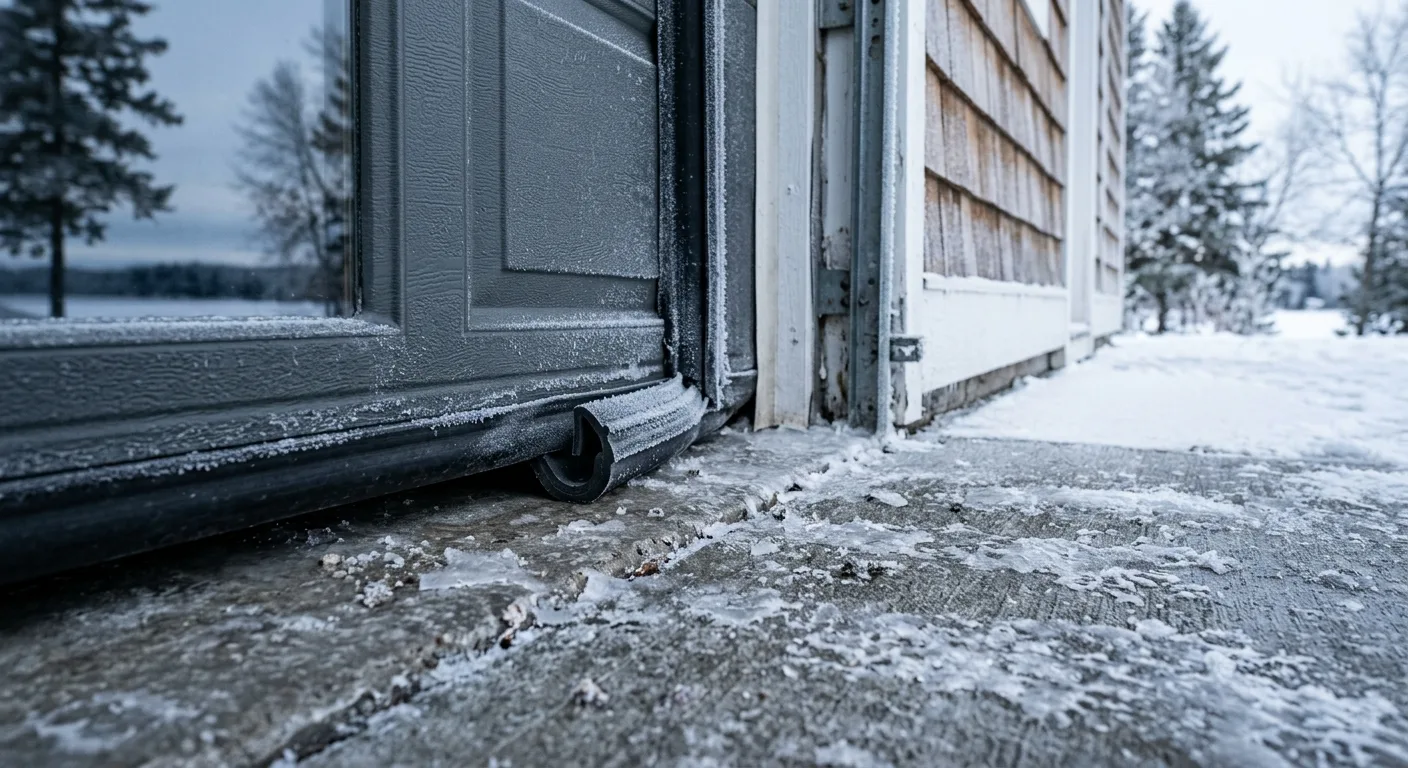Close-up exterior detail of a garage door bottom seal pressed against an icy concrete slab on a Breezy Point lake home, co...