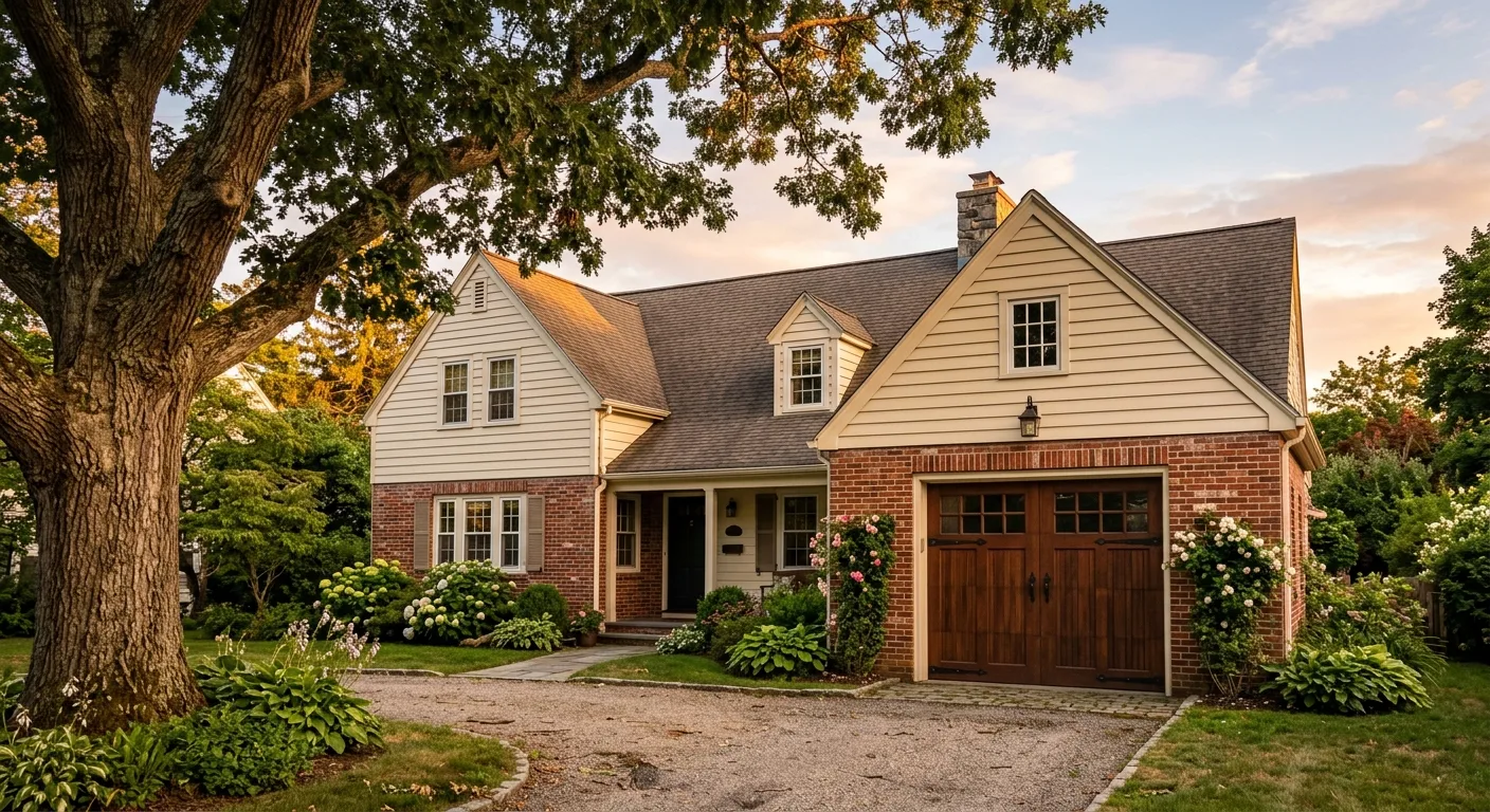 Exterior golden-hour view of a historic Crosby home with a closed carriage-style garage door, warm sunset light on brick a...