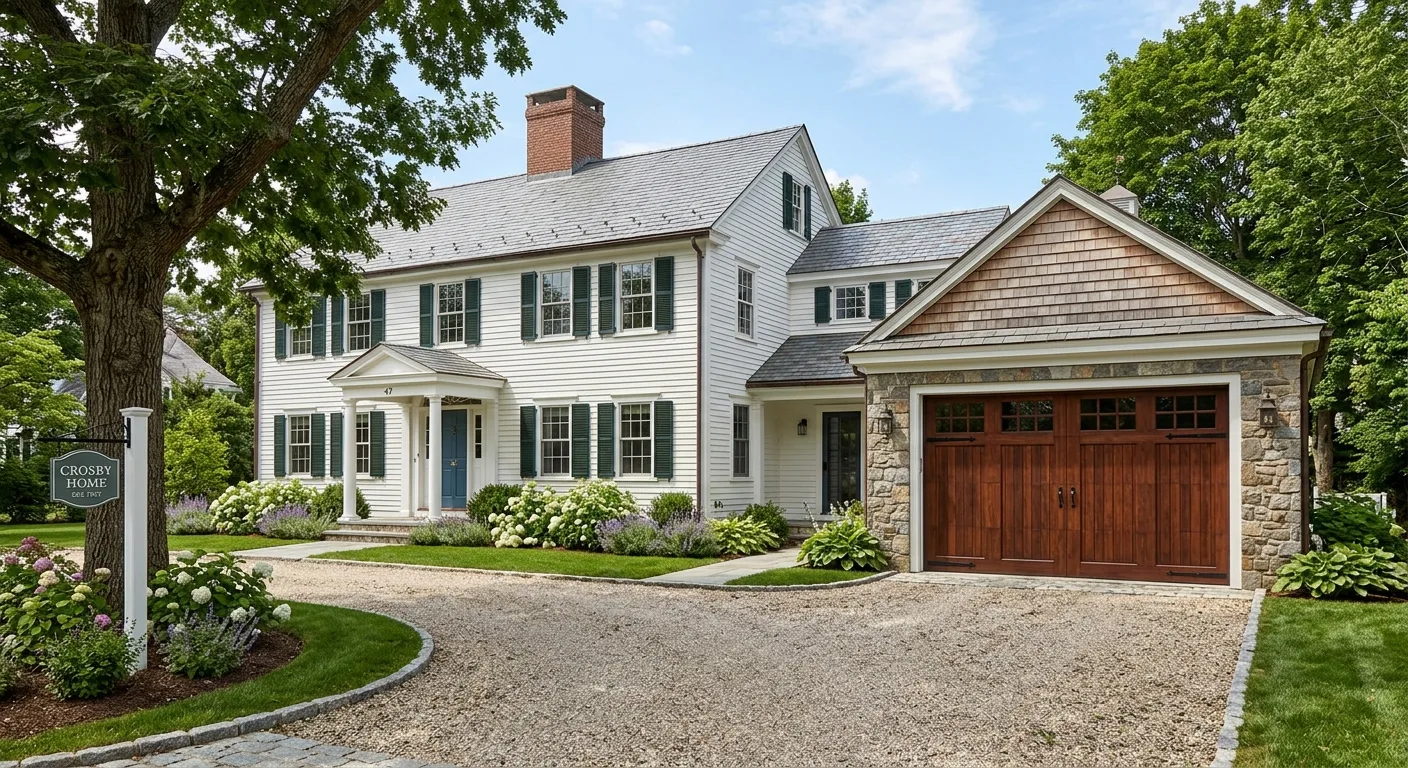 Exterior curb-appeal view of a historic Crosby home with a new carriage-style stained wood garage door from the driveway e...