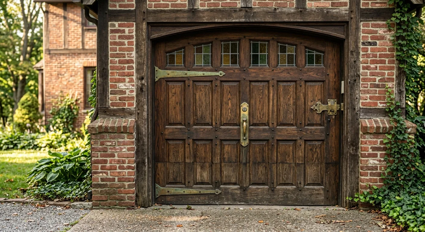 Close-up exterior detail of a carriage-style stained wood garage door on a historic Crosby home, single bay, faded brass h...