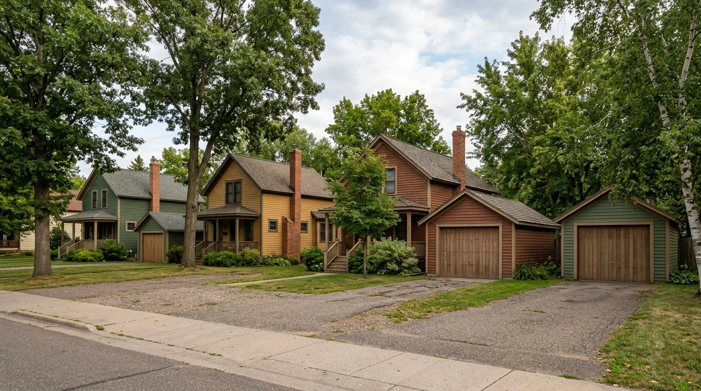 Wide exterior view of a row of historic mining-era homes in Crosby with original detached garages and closed wood doors, b...