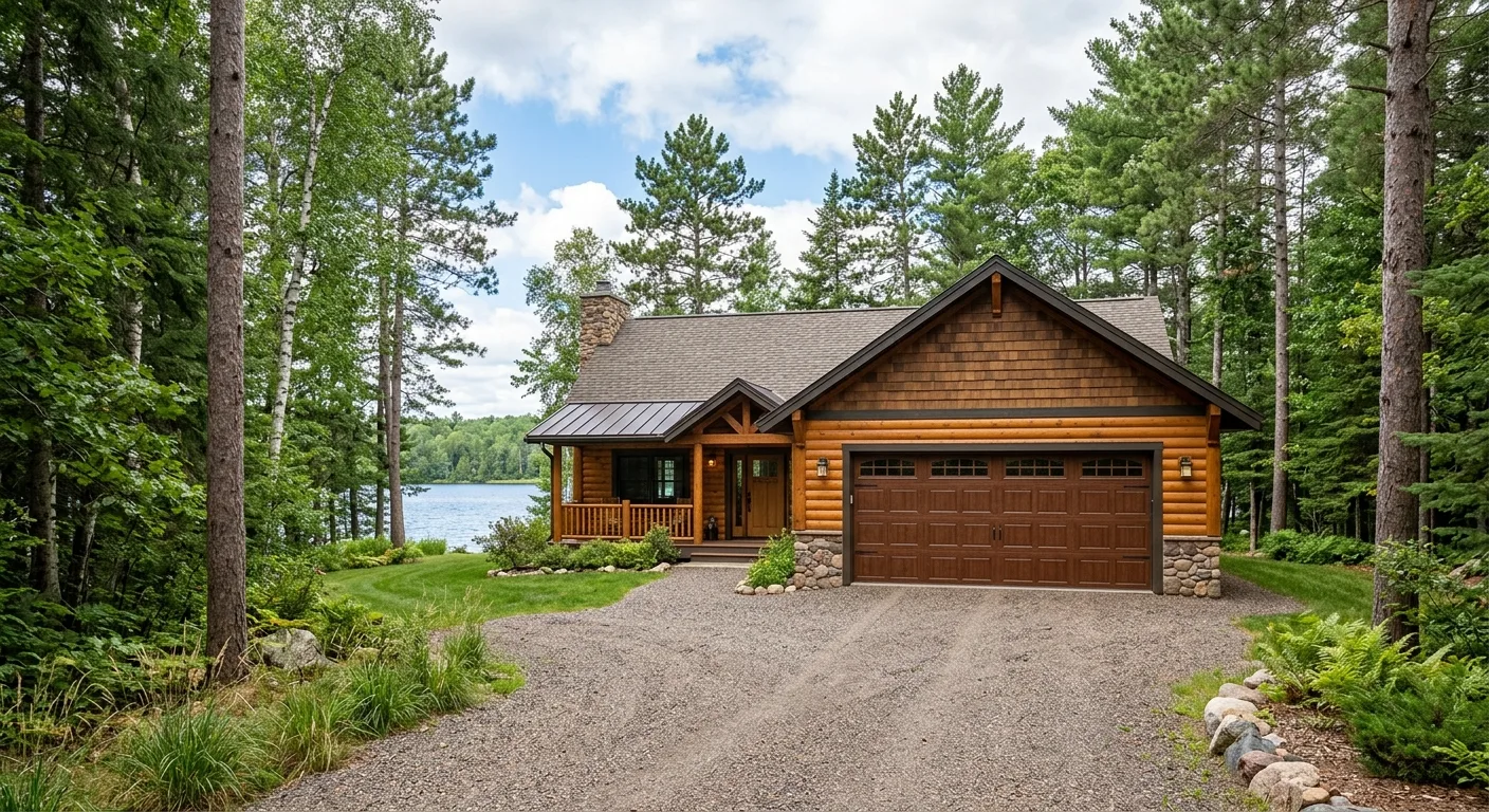 Exterior daylight view of a Serpent Lake cabin near the Cuyuna State Recreation Area with a closed insulated double garage...