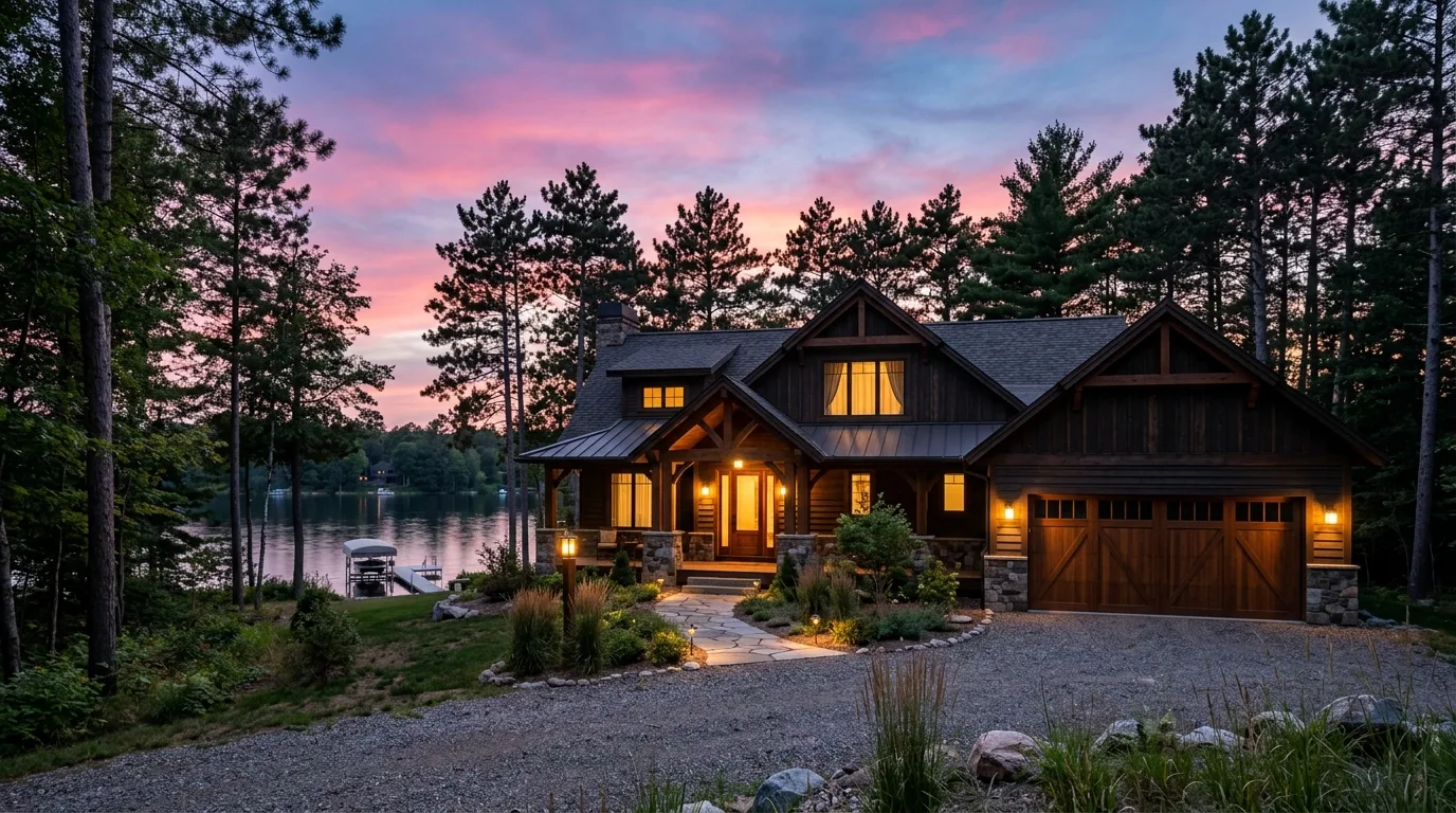 Wide exterior of a Crosslake lake property at dusk with closed garage door, soft warm porch lighting, pine silhouettes aga...