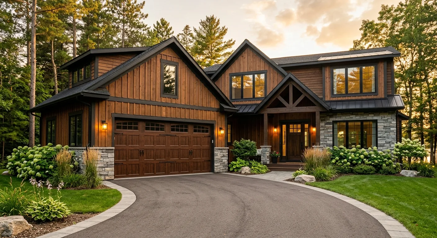 Exterior curb-appeal view of a clean modern Crosslake lake home shot from the driveway angle at golden hour, freshly insta...