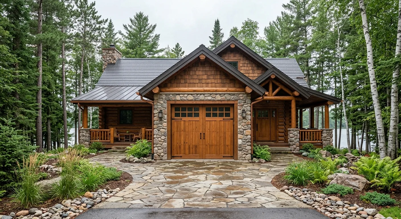 Exterior of an upscale Crosslake log-and-stone lake home with a closed carriage-style cedar garage door, flagstone drivewa...