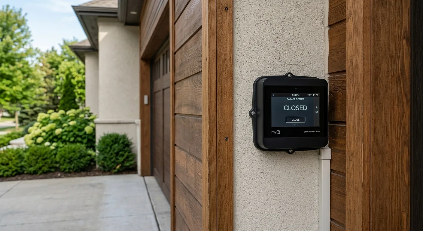 Material detail of a wall-mounted smart garage door opener control panel on a finished interior wall edge, mounted hardwar...