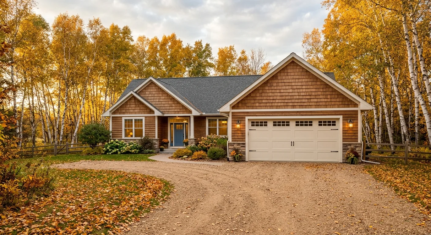Exterior daylight photograph of a Deer River rural property with a closed two-car insulated garage door in soft white, mat...