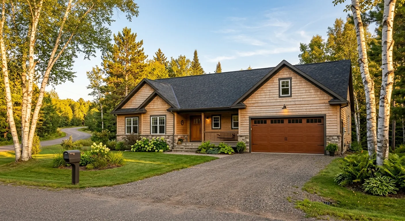 Exterior daylight photograph of a clean Deer River rural home at the driveway angle with a freshly installed warm chestnut...