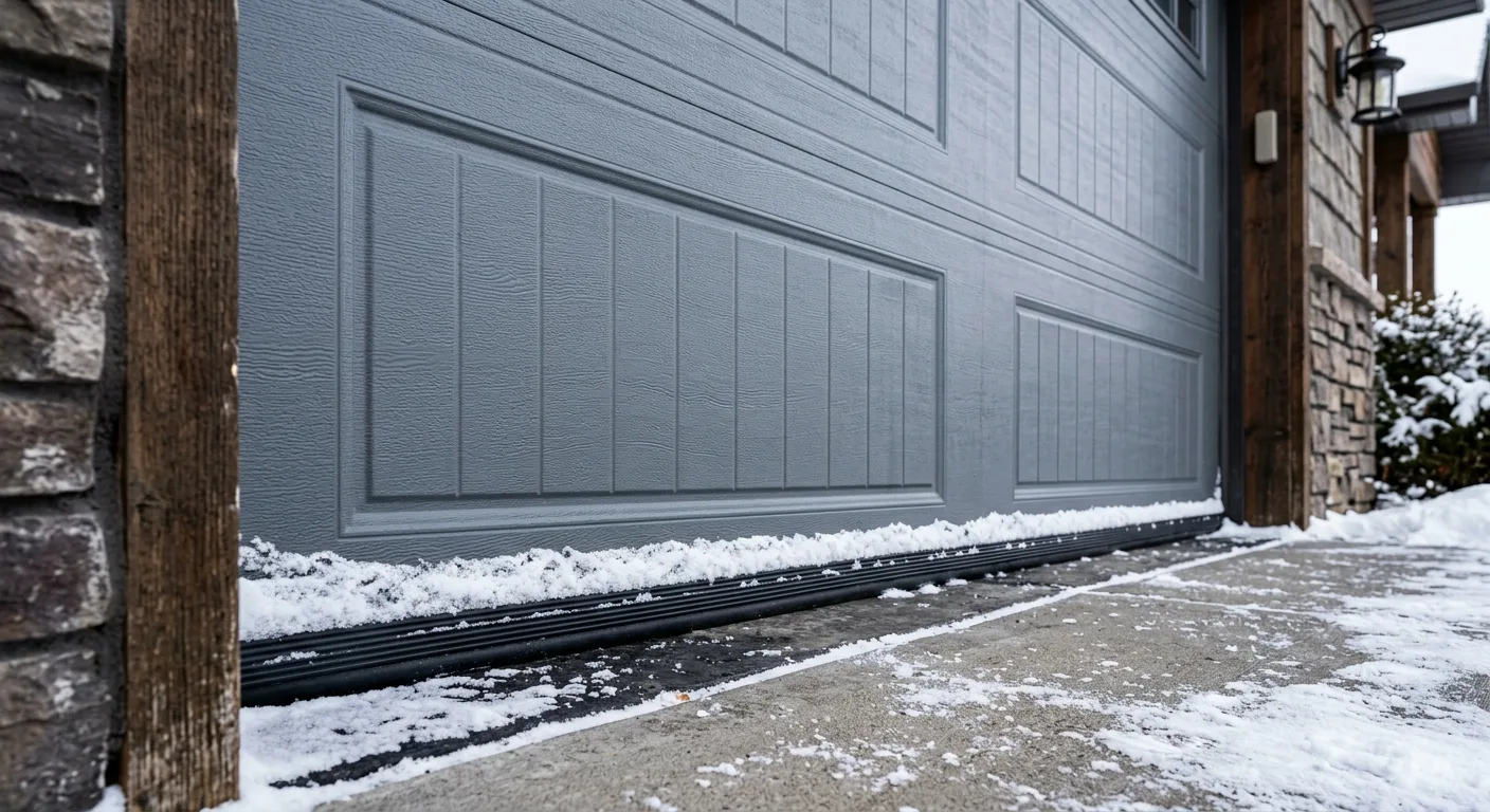 Close-up exterior photograph of a textured insulated garage door panel in slate gray on a Deer River residential home, sno...