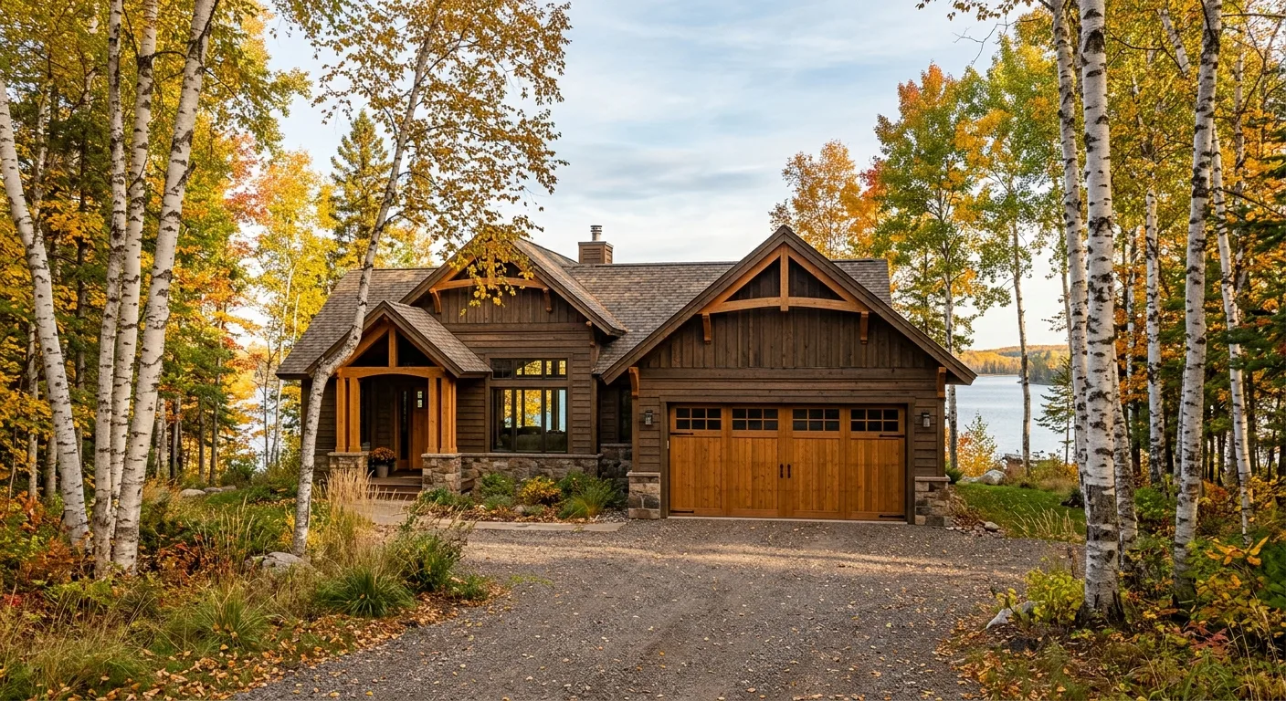 Wide exterior photograph of a Wild Rice Lake property near Deer River with a closed natural-stain wood-look carriage door,...