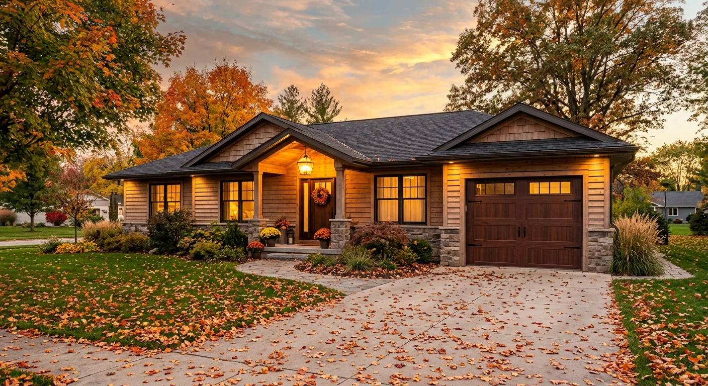 Exterior dusk view of a Deerwood ranch home with a closed garage door, golden-hour sunset light, fall leaves on the drivew...