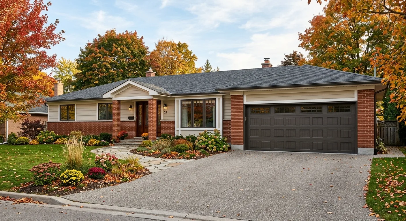 Exterior curb-appeal view of a Deerwood ranch home with a new insulated steel garage door from the driveway entrance angle...
