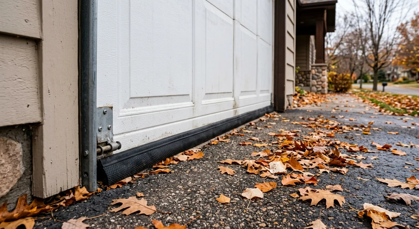 Close-up exterior detail of weatherstripping at the bottom of a closed white garage door on a Deerwood home, leaves on the...