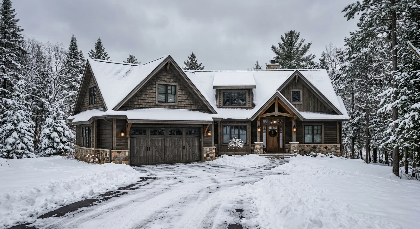Wide exterior view of a country home in deep winter with a closed garage door and snow piled along the driveway.