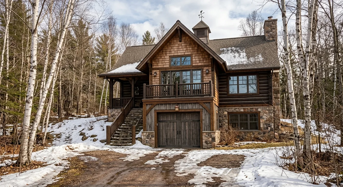 Exterior daylight view of a Bay Lake cabin in early spring, closed wood-look garage door on the lower level, melting snow...