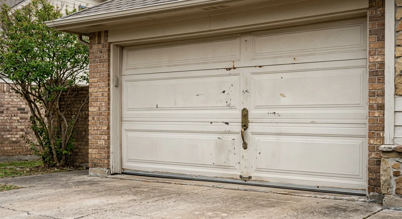 Exterior daylight detail of an aging 1990s-era insulated steel garage door panel showing minor surface wear on a Deerwood...