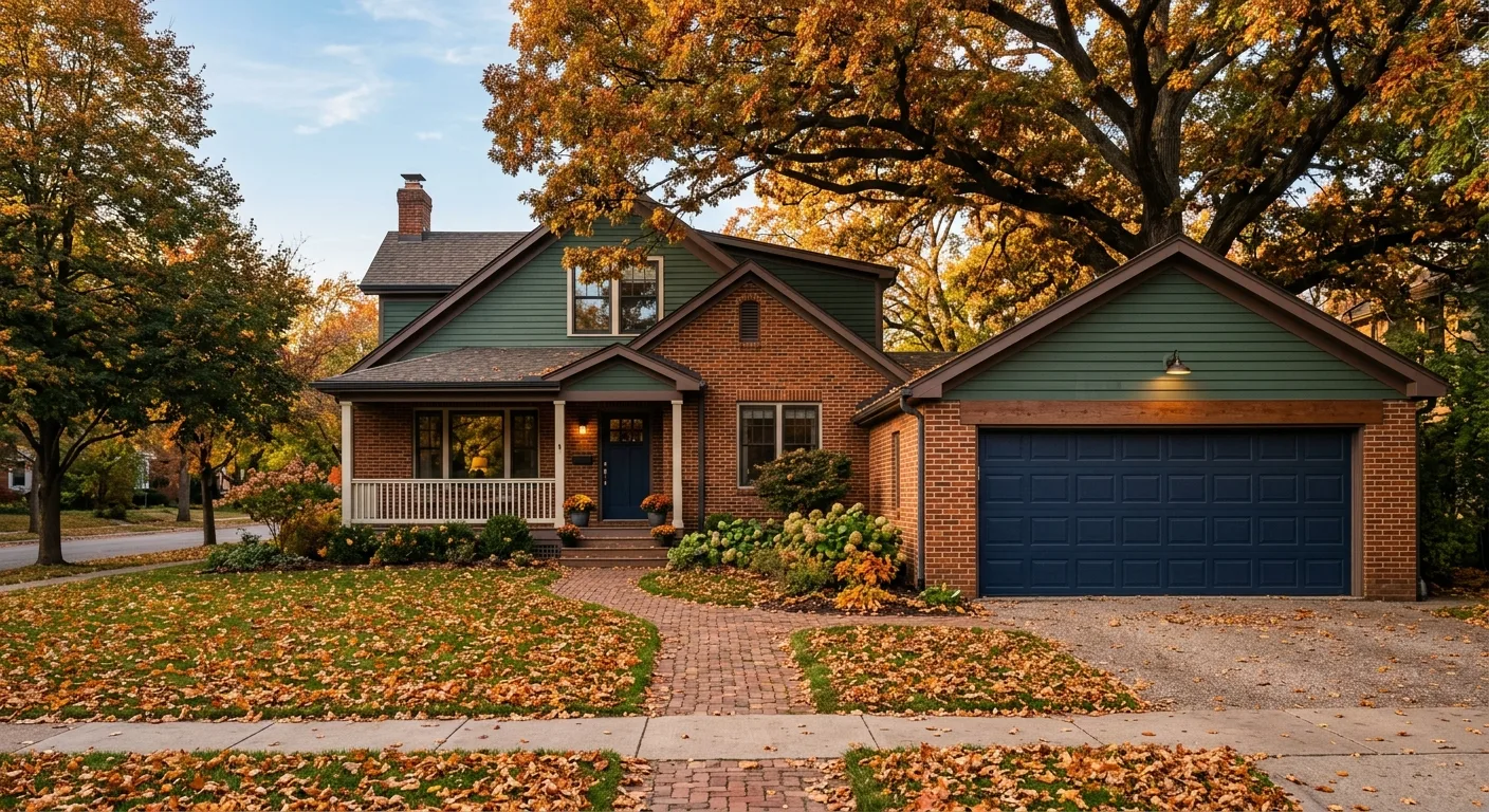 Exterior daylight photograph of a Drake area Des Moines home with a closed two-car insulated garage door in deep navy, mat...