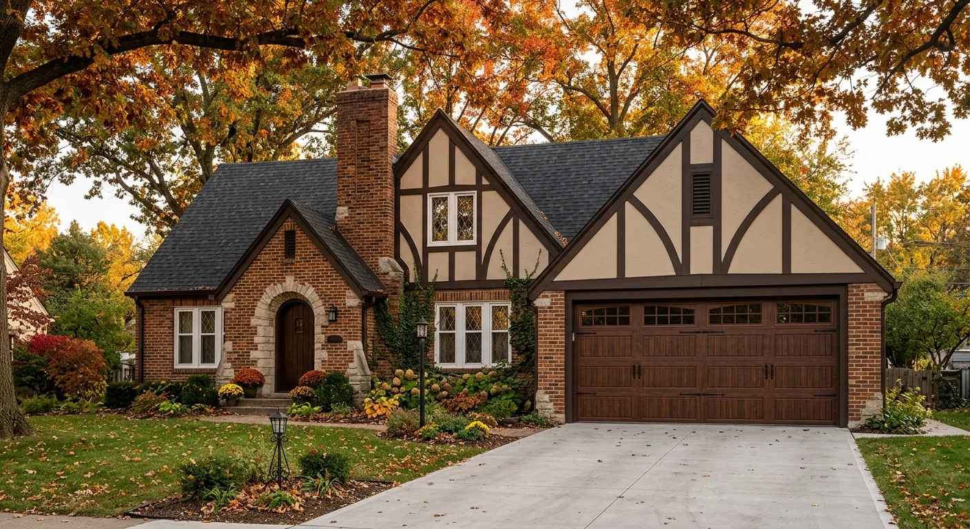 Exterior daylight photograph of a clean Beaverdale Tudor in Des Moines at the driveway angle with a freshly installed dark...