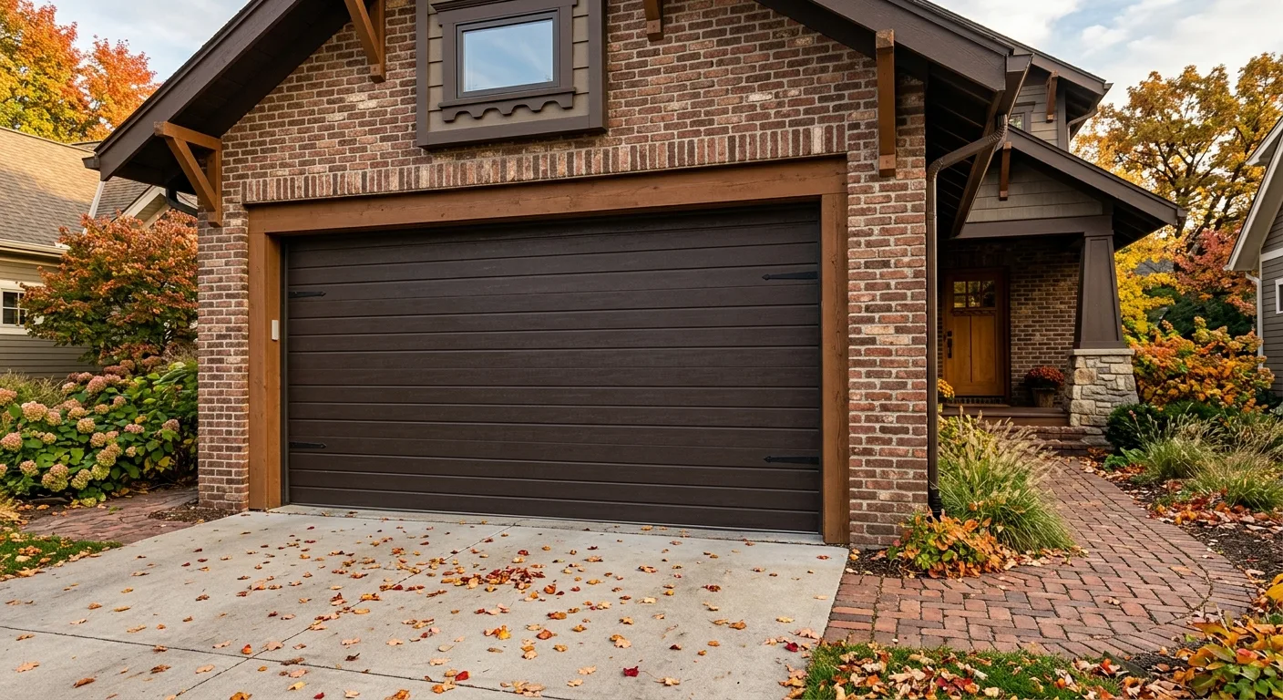 Close-up exterior photograph of a horizontal-line insulated steel garage door panel in dark espresso on a Des Moines East...