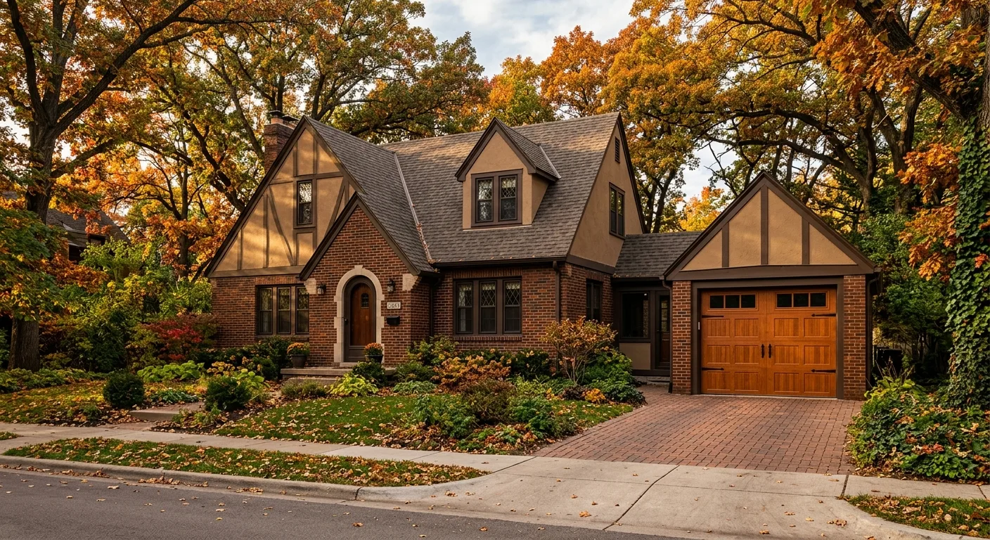 Wide exterior photograph of a Beaverdale 1920s home in Des Moines with a closed cedar-toned carriage-style garage door, br...