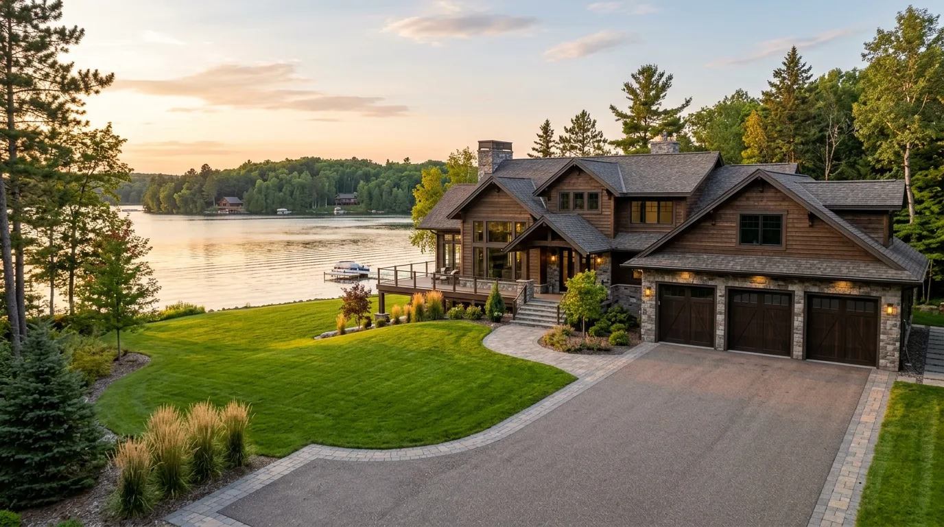 Wide architectural exterior of an East Gull Lake home with closed garage door, manicured lawn rolling toward the lake, sof...