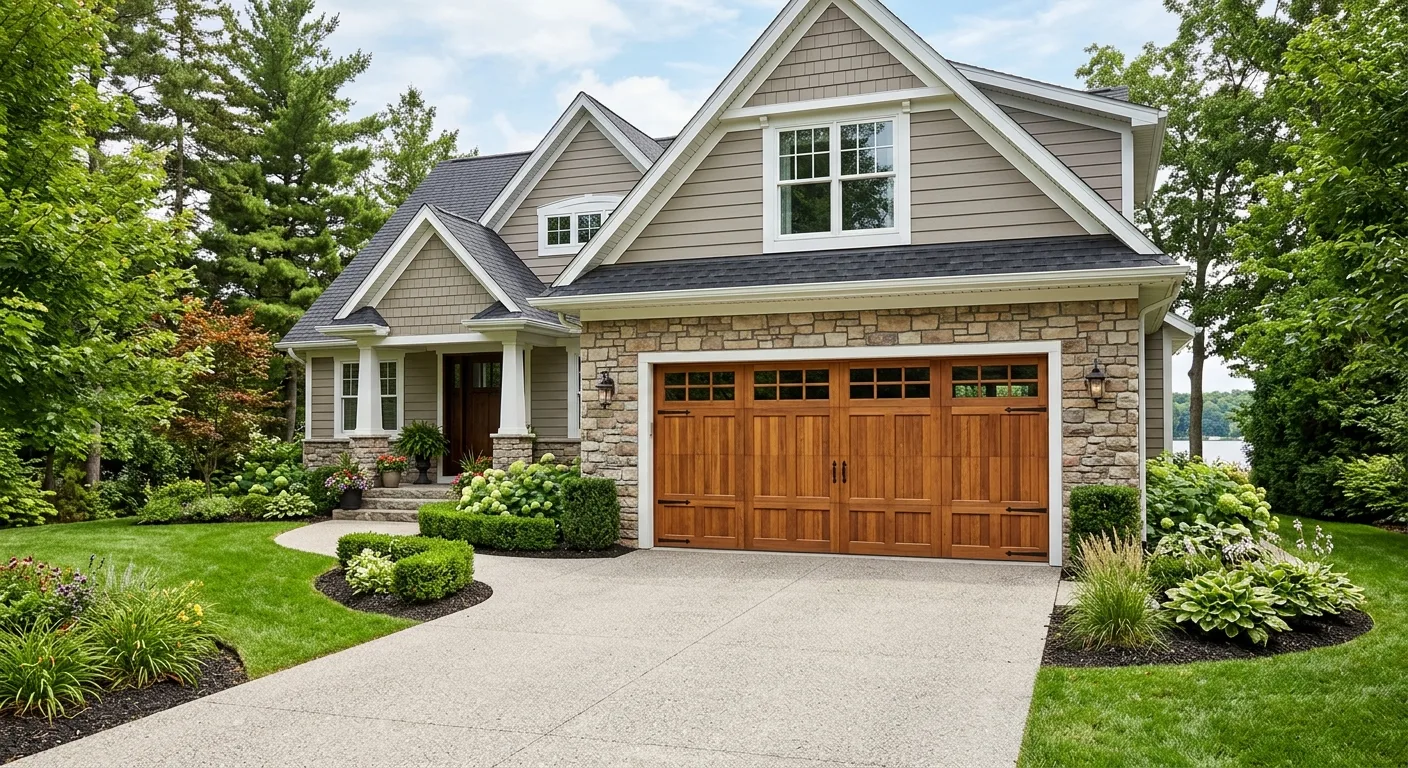 Exterior curb-appeal view of a clean upscale East Gull Lake home from the driveway angle at daylight, recently installed c...