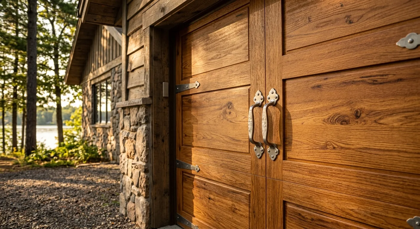 Material close-up of a high-quality cedar-look garage door panel with stainless hardware on an East Gull Lake cabin exteri...