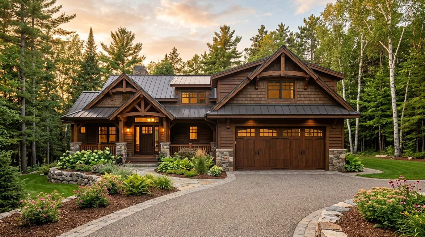 Wide exterior of an upscale East Gull Lake cabin with a closed wood carriage-style garage door, manicured landscaping, pin...