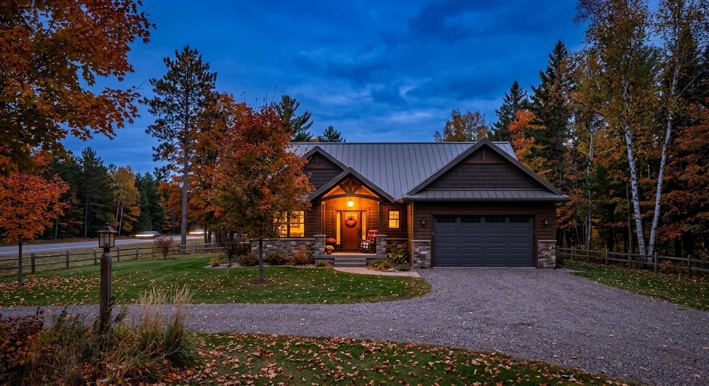 Wide exterior of an Emily MN home at dusk along the Hwy 6 corridor with closed garage door, autumn yard, warm porch light...