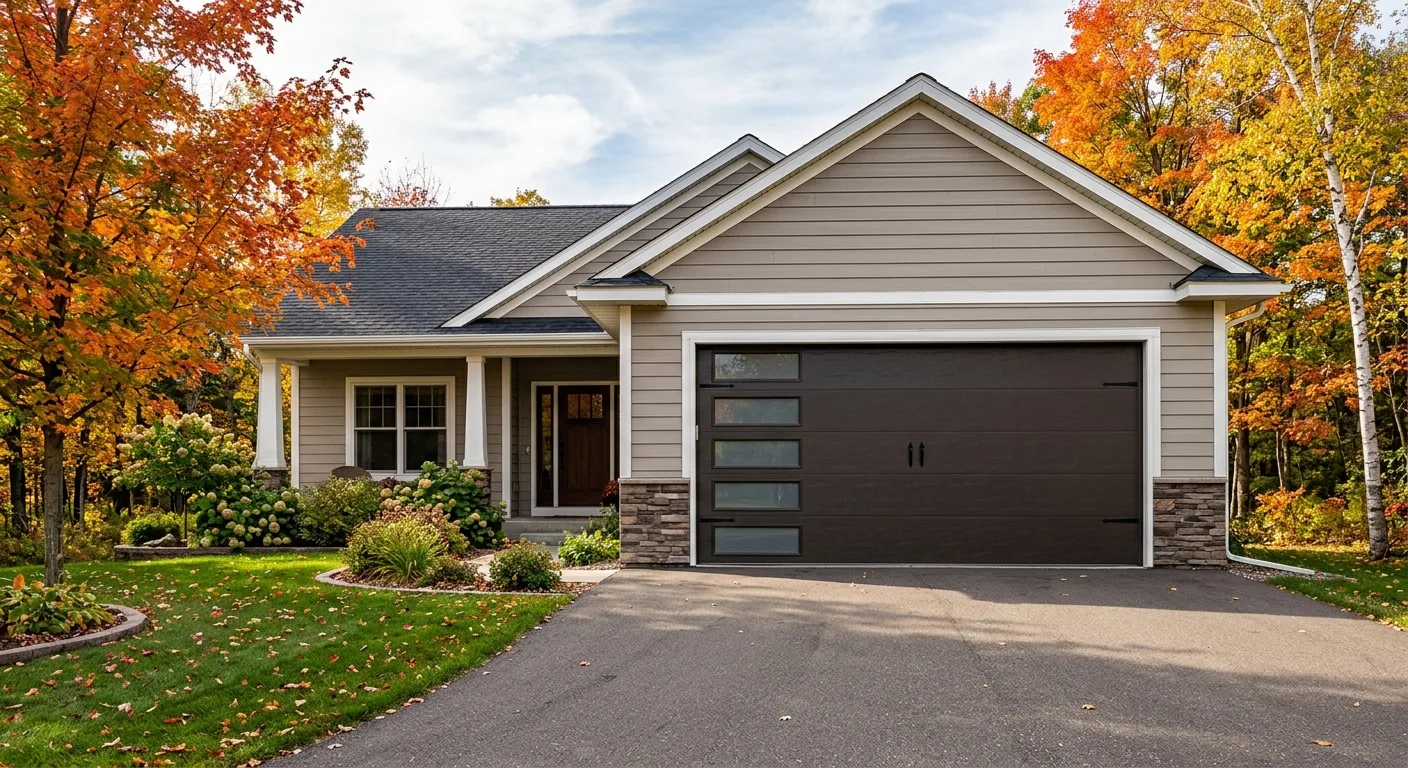 Exterior curb-appeal view of a clean Emily MN year-round home from the driveway angle in daylight, freshly installed insul...