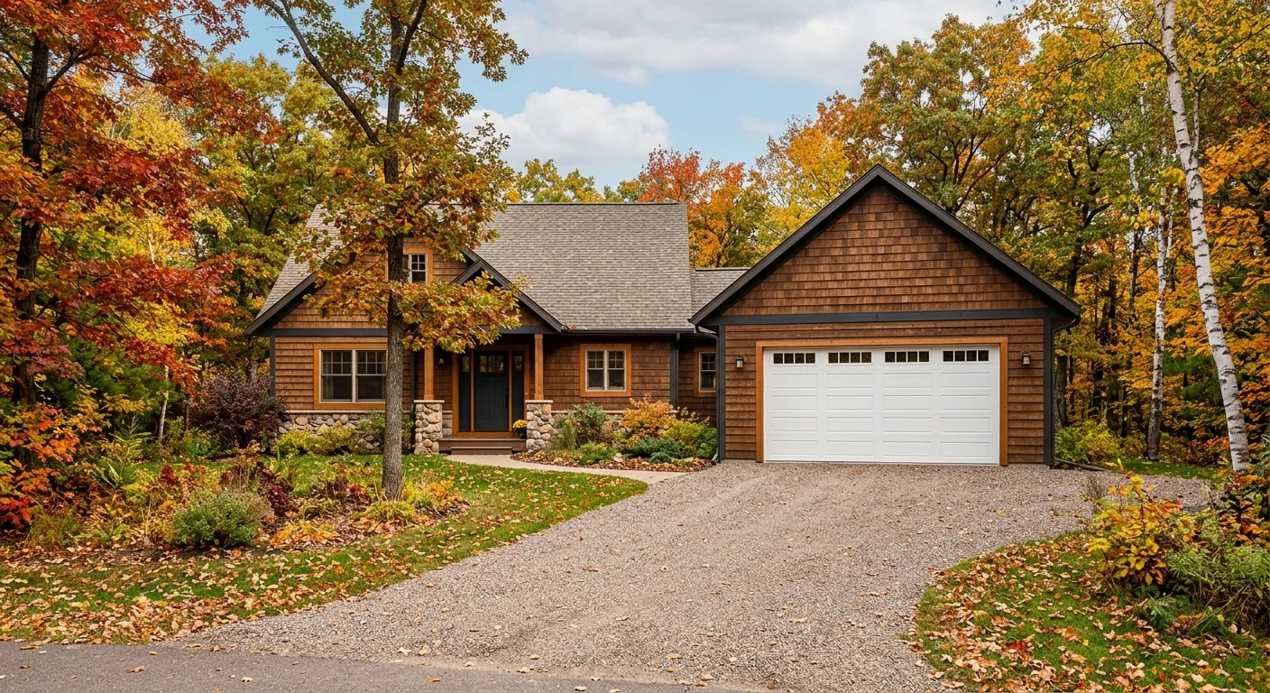 Exterior of an Emily MN year-round home with a freshly installed white insulated steel garage door, gravel driveway, autum...