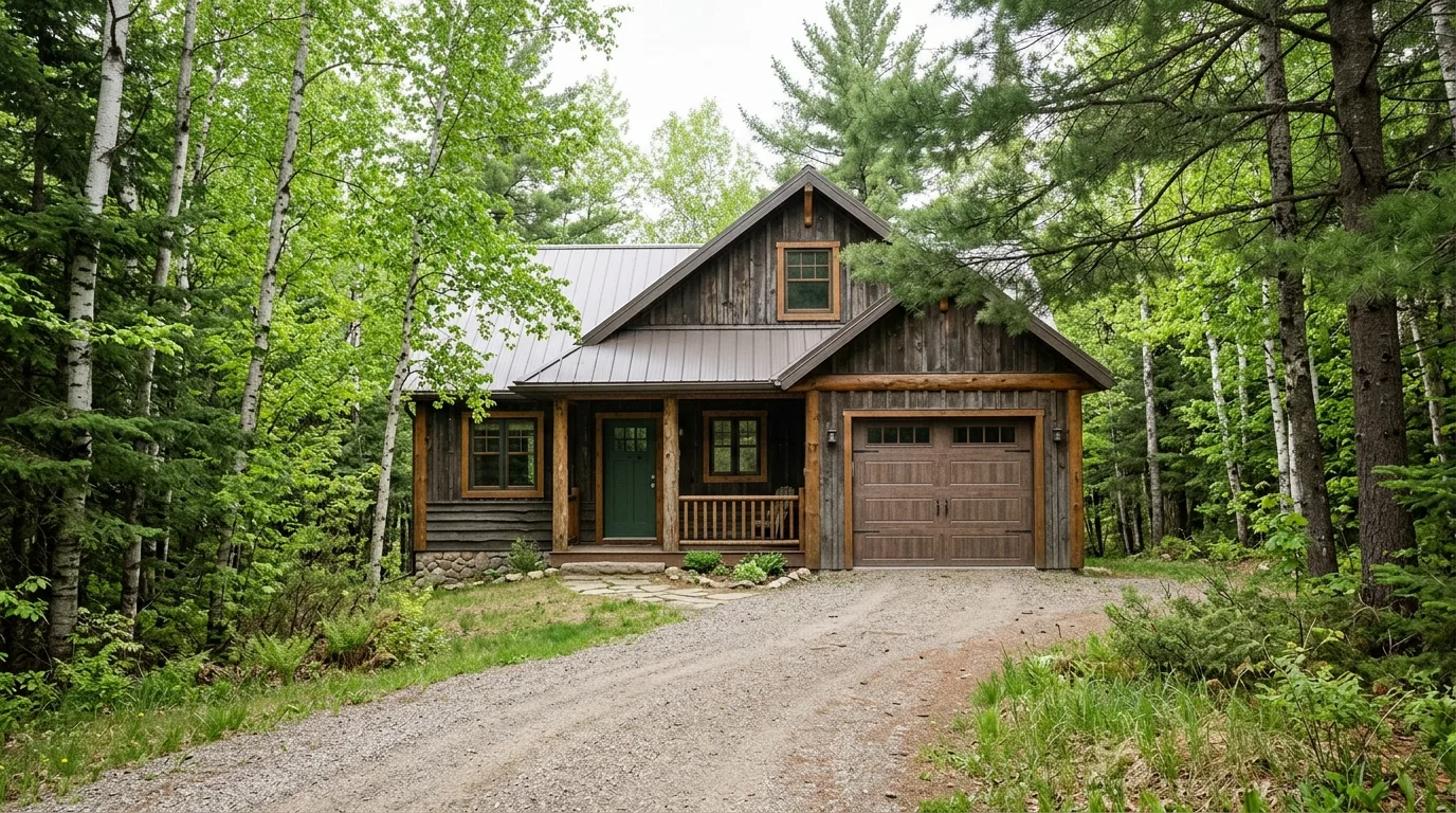 Wide exterior of a modest Ruth Lake area cabin with closed wood-look garage door, gravel driveway, dense birch and pine su...