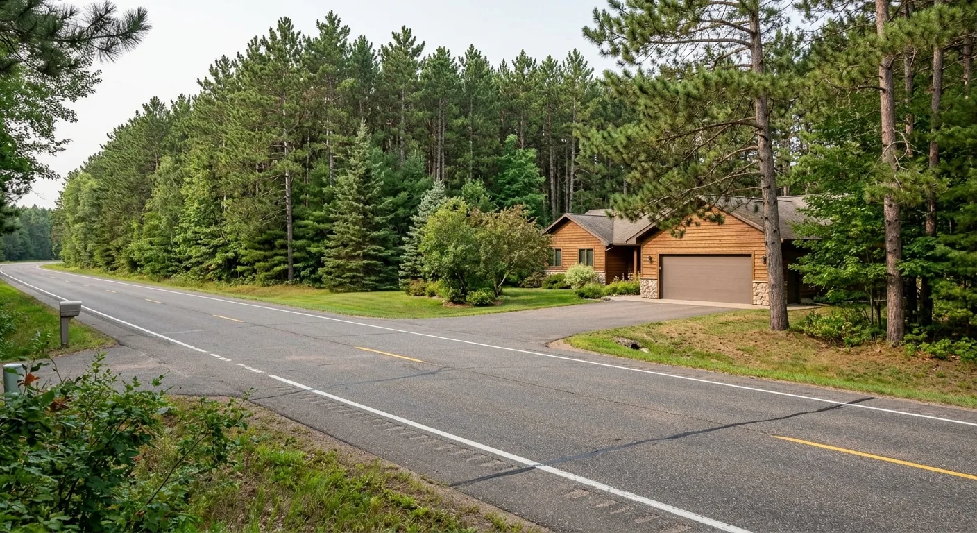 Wide road exterior along Hwy 6 corridor near Emily MN with closed garage door visible on a residential property set back f...