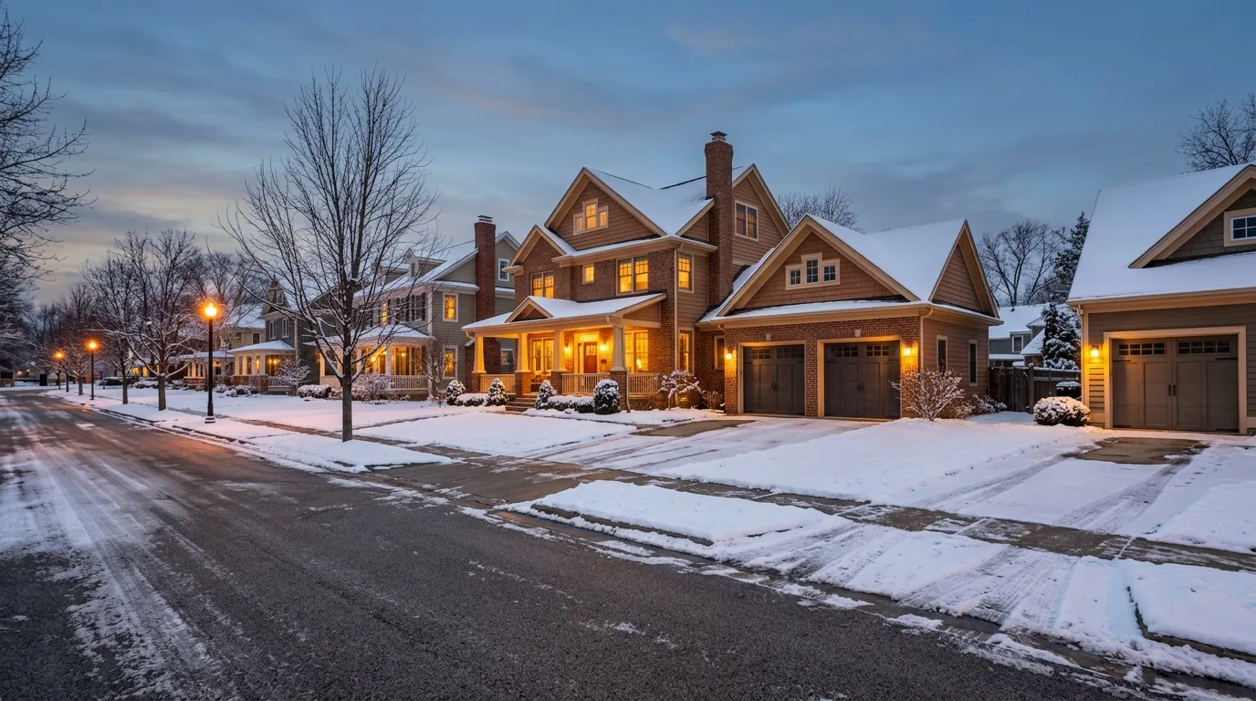 Wide architectural exterior of a Grand Rapids residential street at dusk with closed garage doors, snow-edged yards, warm...