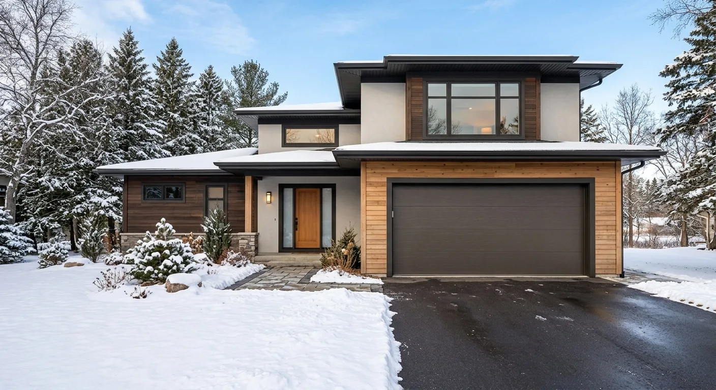 Exterior curb-appeal view of a clean modern Grand Rapids MN home shot from the driveway angle at daylight, freshly install...