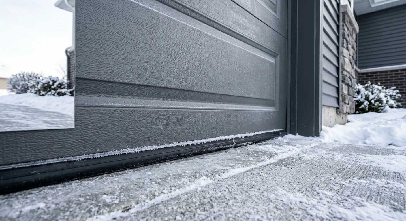 Material close-up of insulated steel garage door panels and weatherstripping with a thin frost line at the bottom seal, sh...