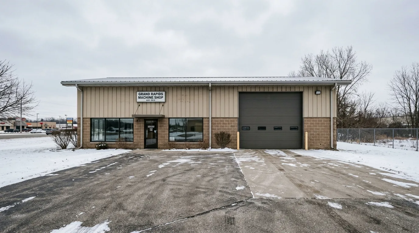 Wide exterior of a Grand Rapids commercial shop building along the Hwy 169 corridor with closed industrial sectional garag...