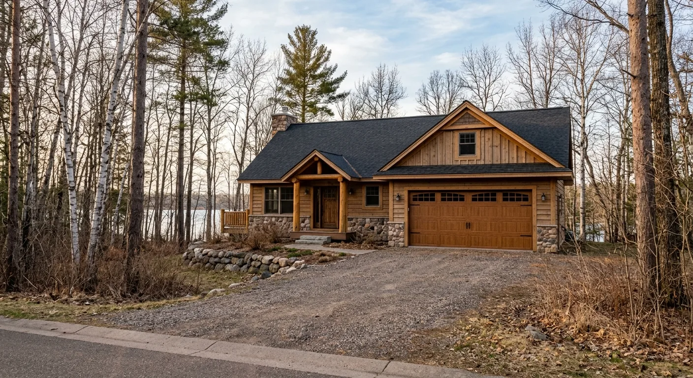 Wide exterior of a Pokegama Lake area cabin in early spring with closed cedar-look garage door, gravel driveway, leafless...