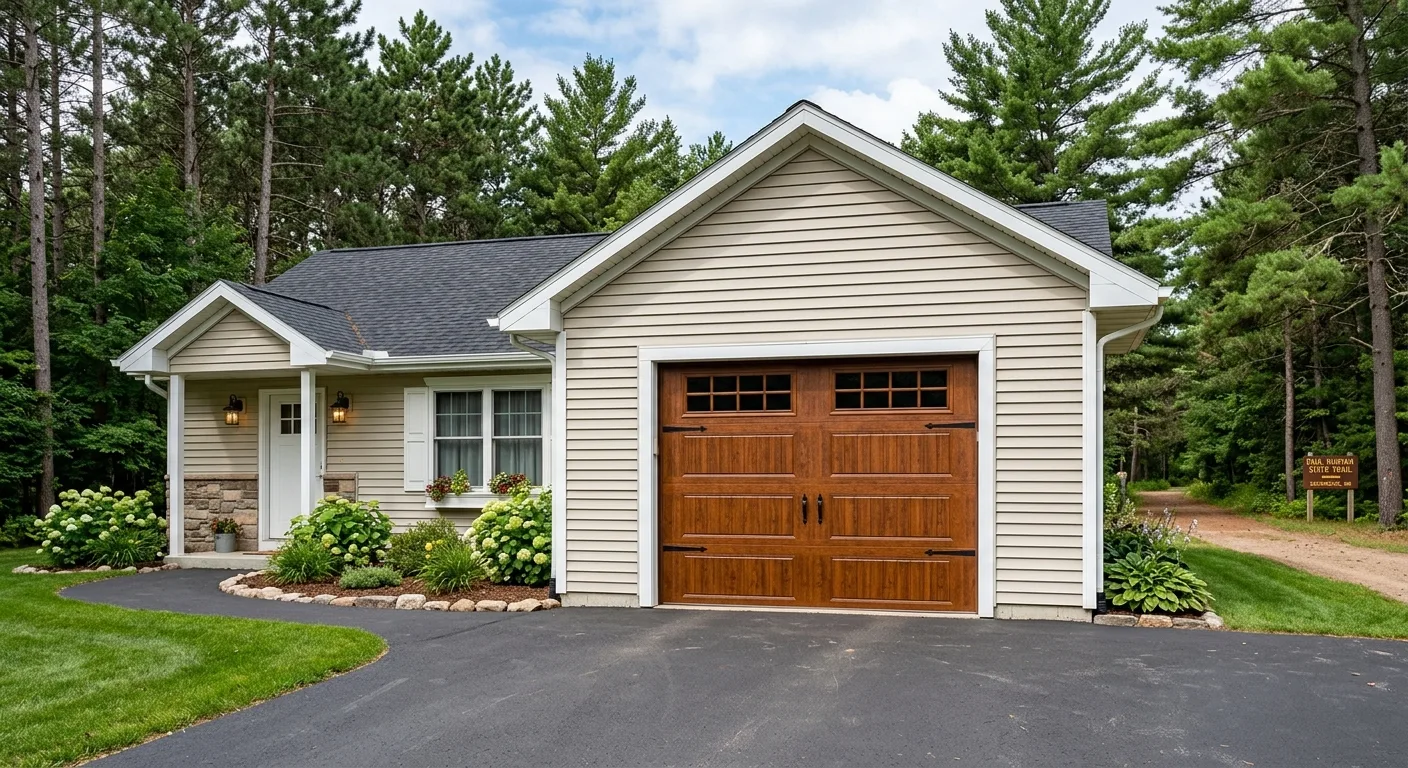 Exterior curb-appeal view of a clean Hackensack MN home shot from the driveway angle at daylight, freshly installed cedar-...