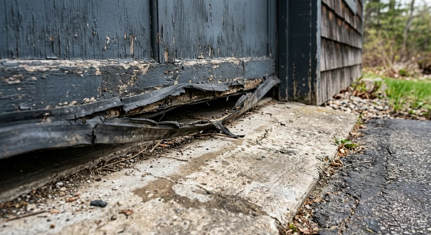 Material close-up of a deteriorated garage door bottom seal pulled away from the concrete threshold on a Birch Lake cabin,...