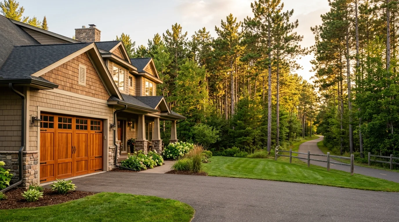 Wide exterior of a Hackensack home backing onto the Paul Bunyan Trail with a newly installed cedar-stained carriage-style...