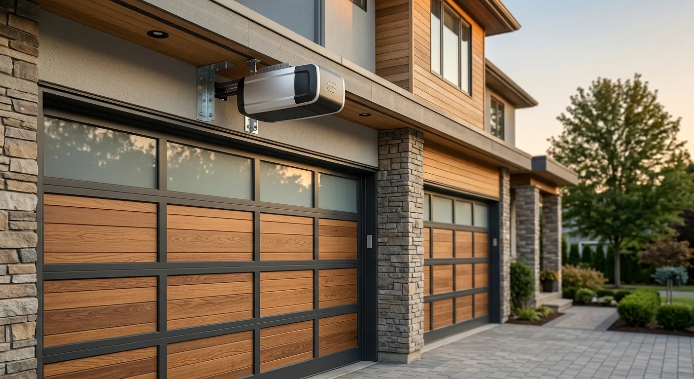 Material close-up of a Sommer-style residential garage door opener motor housing mounted on a garage ceiling rail, soft na...