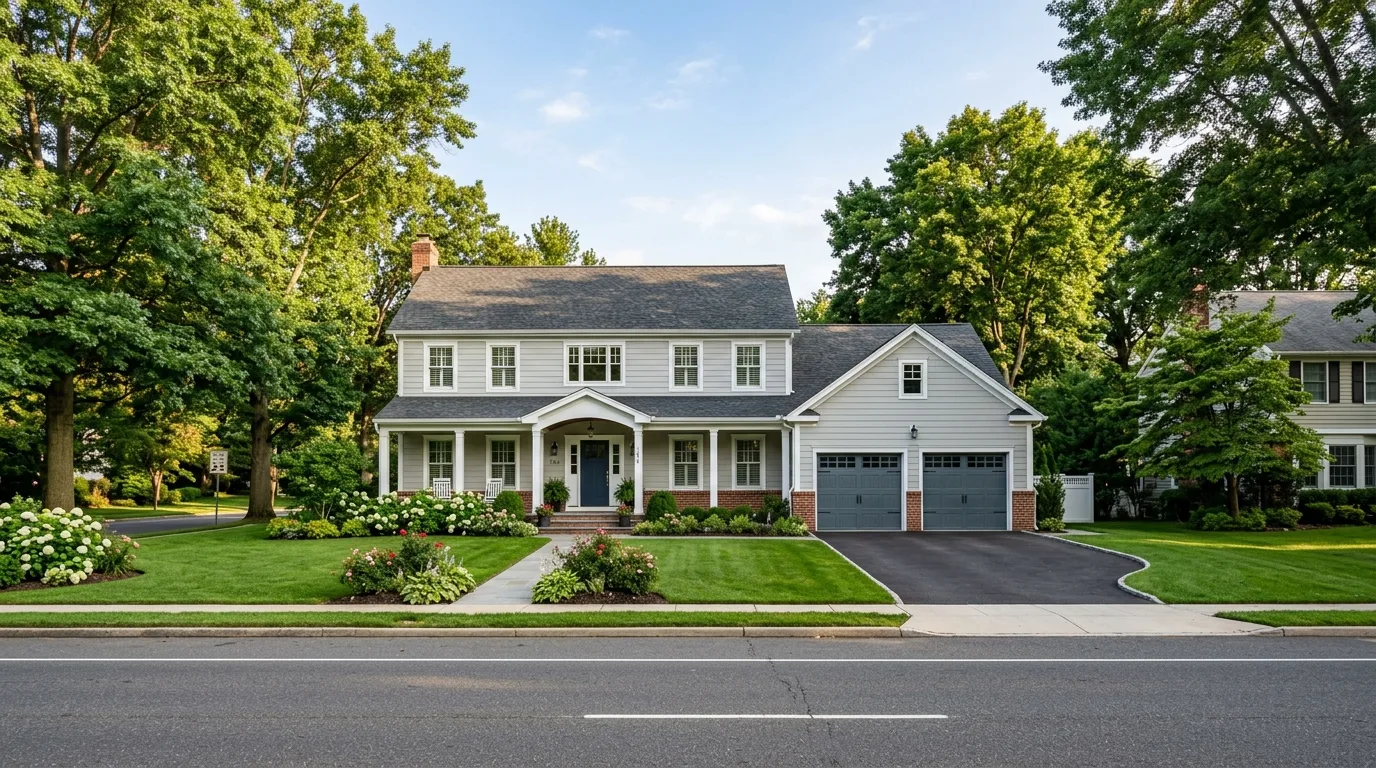 Wide exterior of a Hackensack residential property along County Hwy 84 with closed garage door, mature trees framing the l...