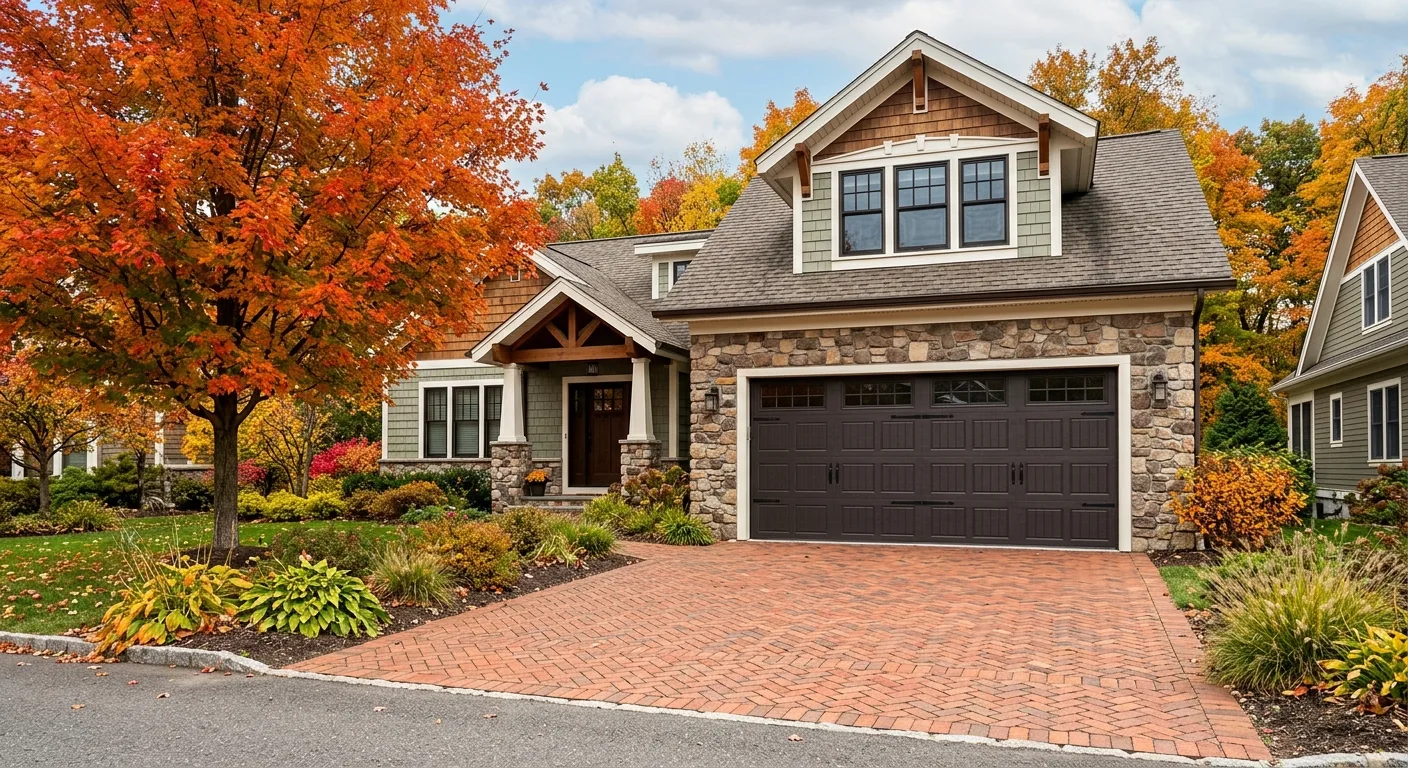 Exterior daylight photograph of a closed dark espresso steel garage door on a craftsman-style Little Falls home, brick dri...
