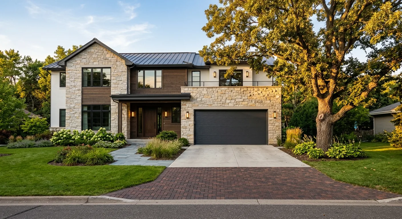 Exterior daylight photograph of a clean modern Little Falls two-story home with a freshly installed dark-charcoal insulate...